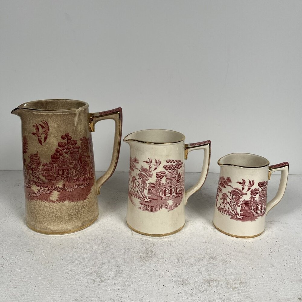 Sadler Red‎ Willow Gold Gild Creamer Pitcher Set 1950s England